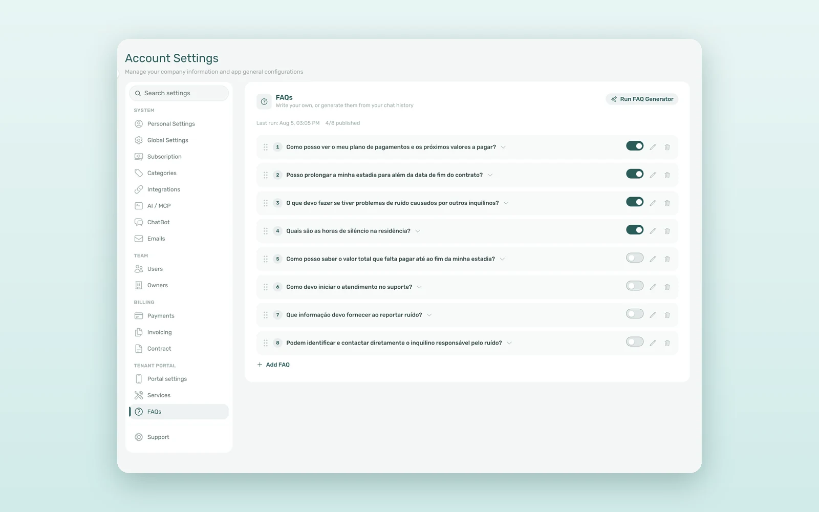 AI FAQ generator in VIVIN Settings: the tenant FAQ list with the Run FAQ Generator button and a publish switch on each entry