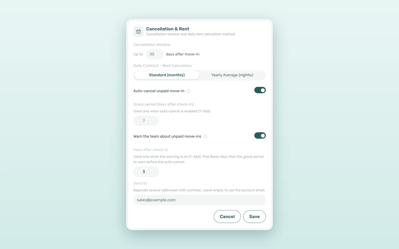 Unpaid move-ins settings: the Cancellation & Rent card in Global Settings with Auto-cancel unpaid move-in and the team warning turned on