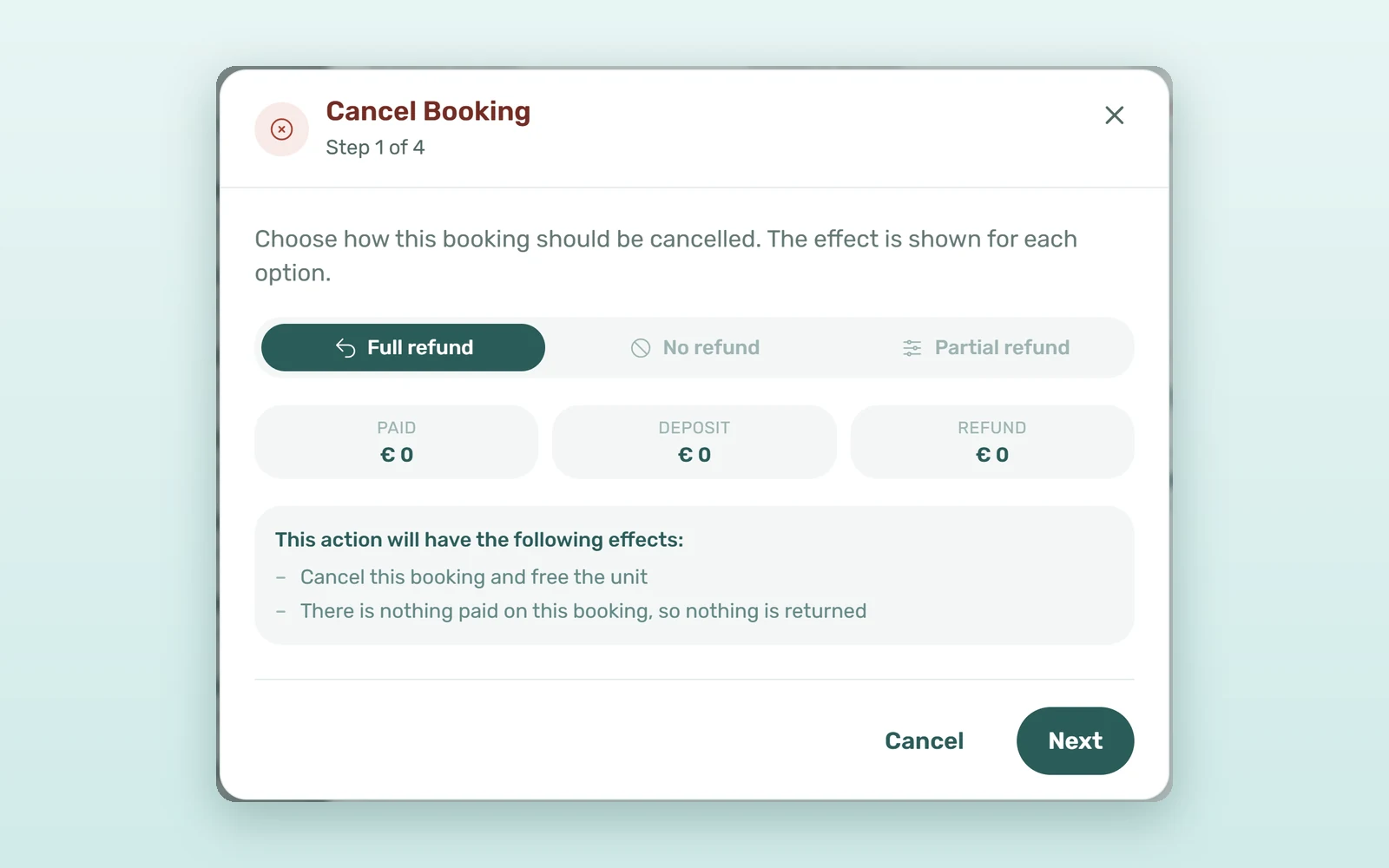 Booking cancellation refund method step in VIVIN's Cancel Booking wizard, with Full refund, No refund and Partial refund and the Paid, Deposit and Refund tiles