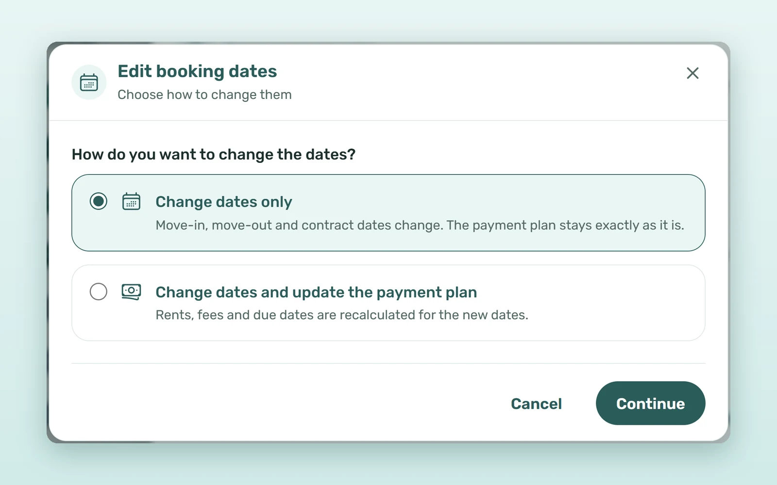 Lease extension in VIVIN: Edit booking dates asks whether to change the dates only or also recalculate the payment plan
