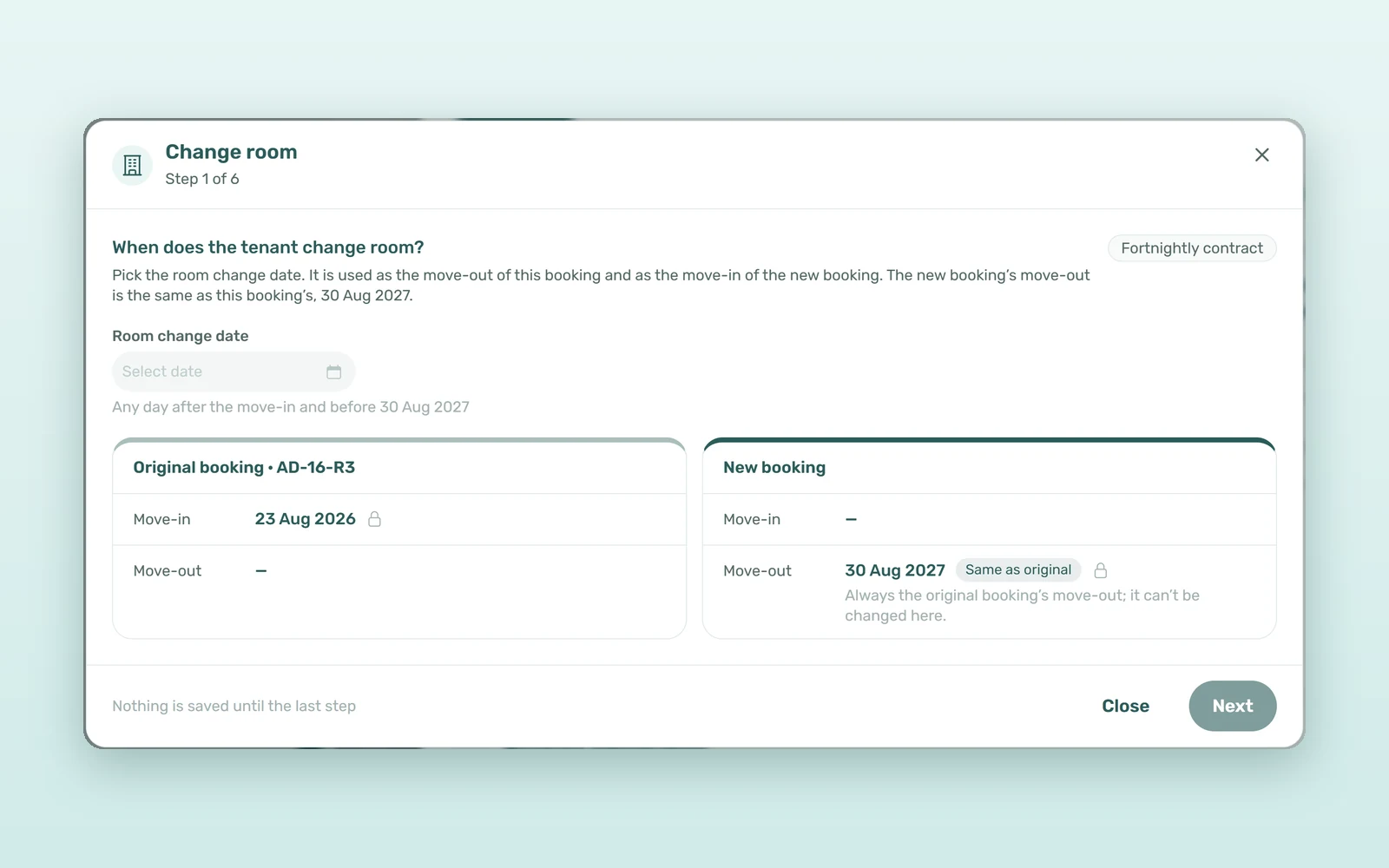 Change room wizard in VIVIN, step 1: the room change date with the original and the new booking side by side