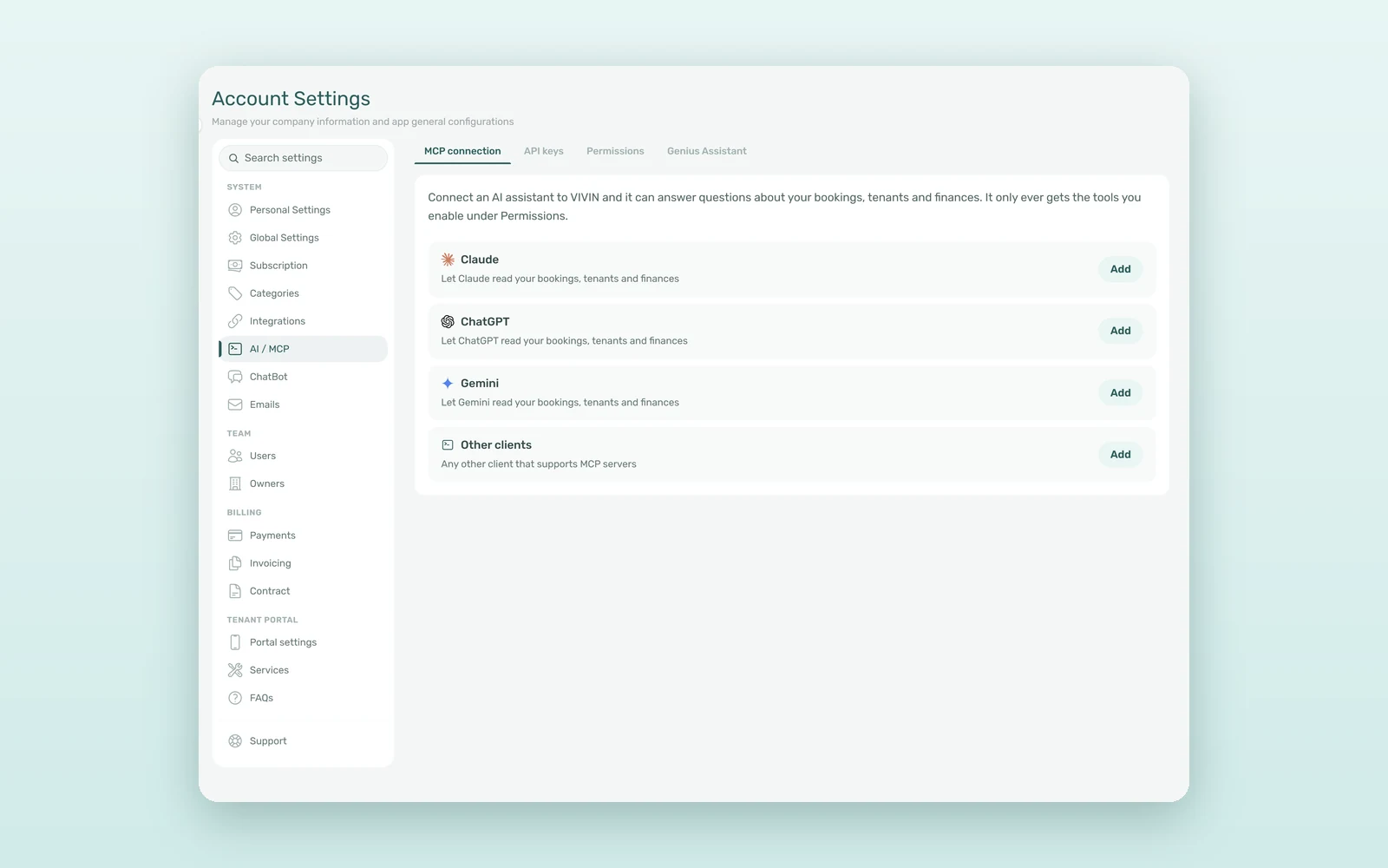 Connecting ChatGPT for property management: VIVIN AI / MCP settings with cards for Claude, ChatGPT, Gemini and other clients