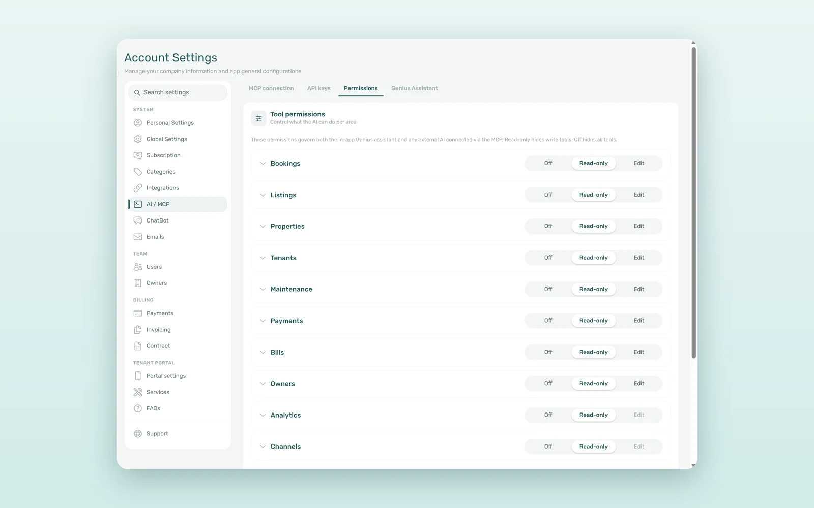 Tool permissions in VIVIN with Off, Read-only and Edit set per area