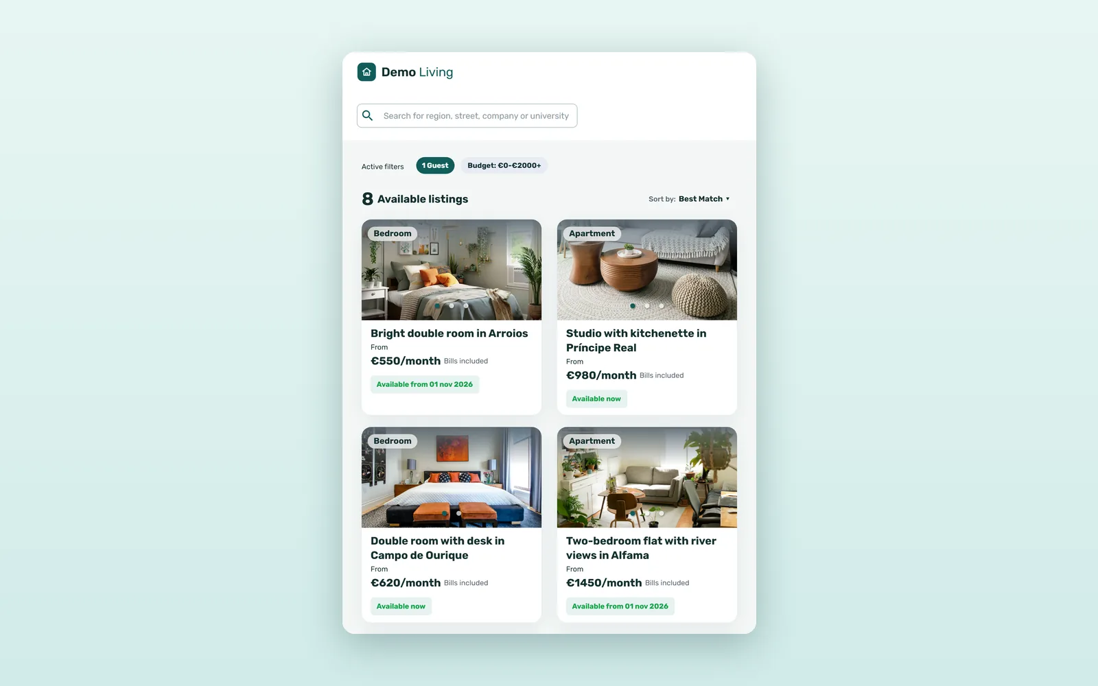 Direct booking website for coliving and student housing: search page with available rooms in a list next to a map