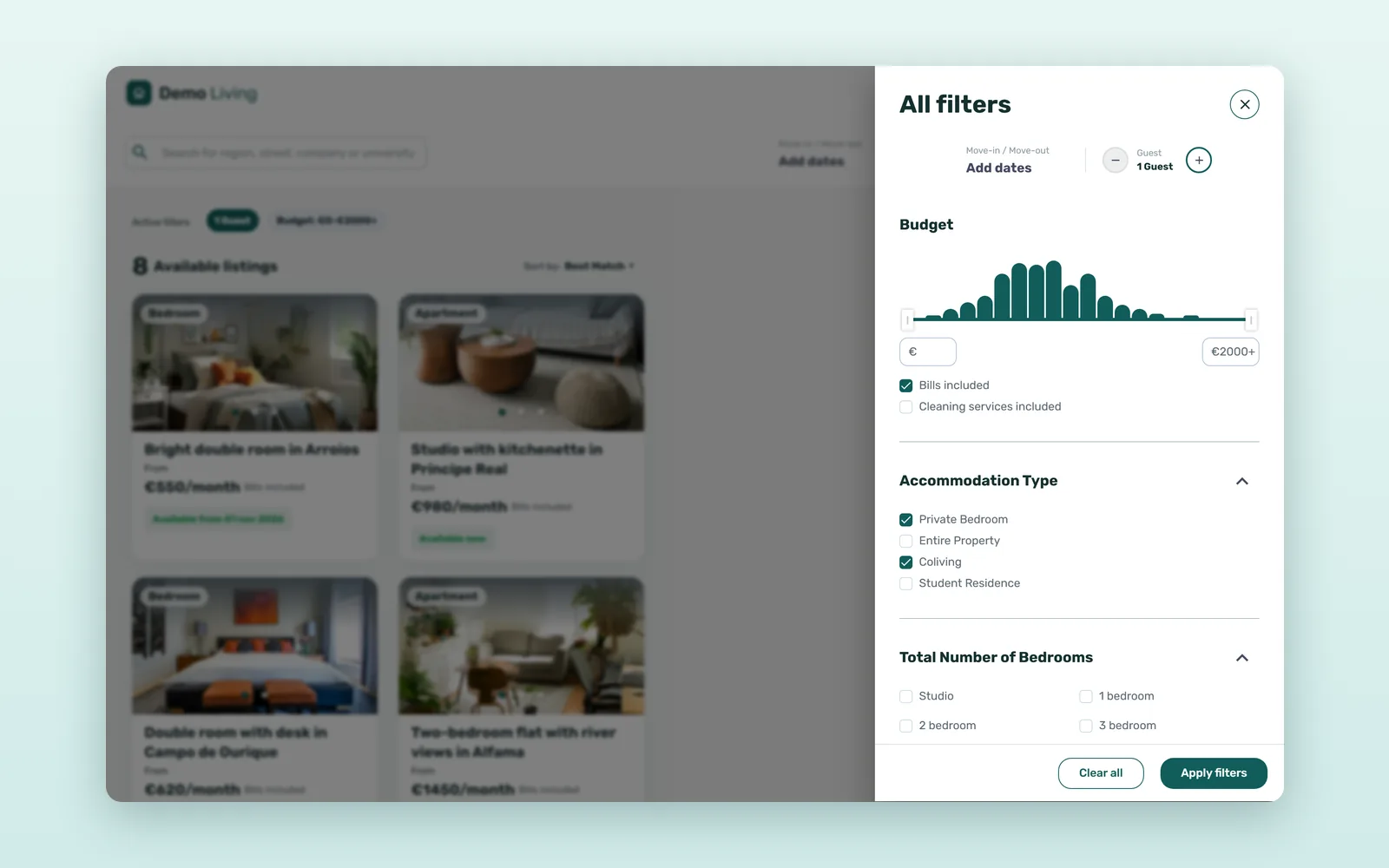 All filters dialog on a direct booking website: budget, accommodation type, bedrooms, bathrooms, features and house rules