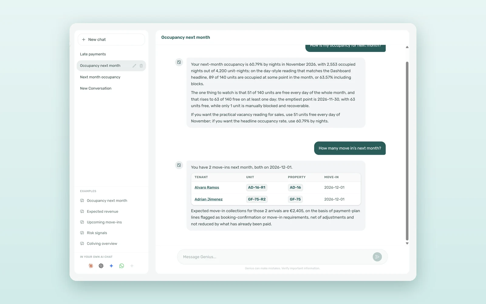 Genius, the AI assistant for property management in VIVIN, answering a question about the main risk signals in the portfolio