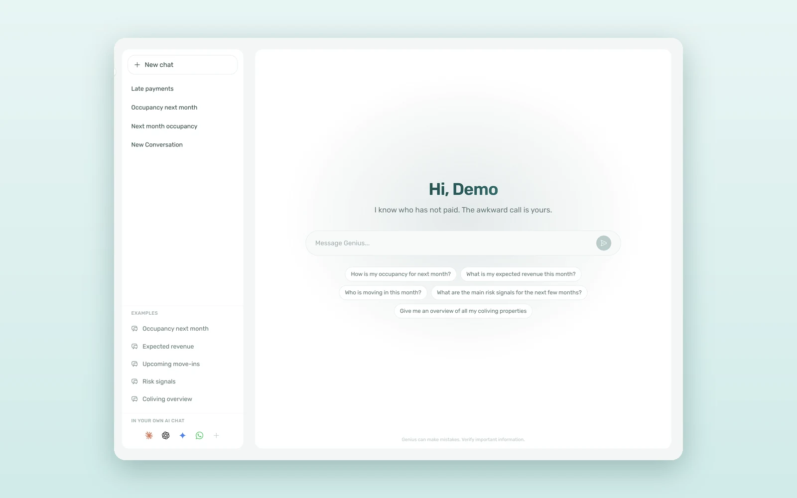 Genius start screen in VIVIN with ready-made questions to try