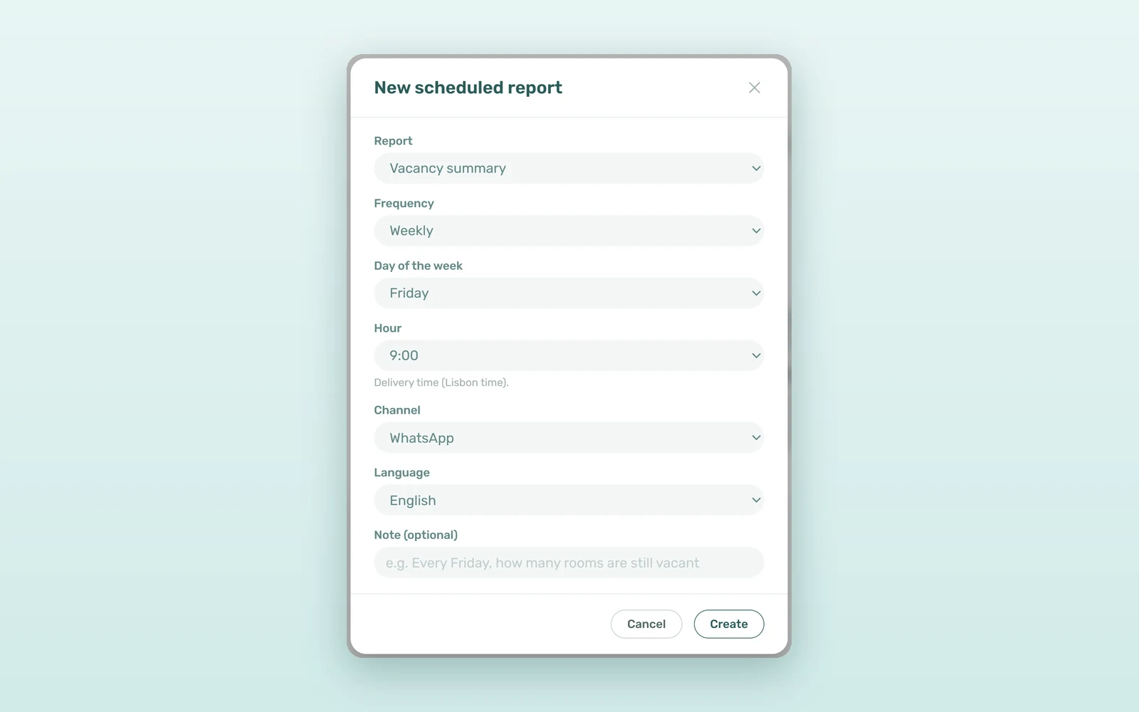 New scheduled report form in VIVIN with report, frequency, hour, channel and language fields