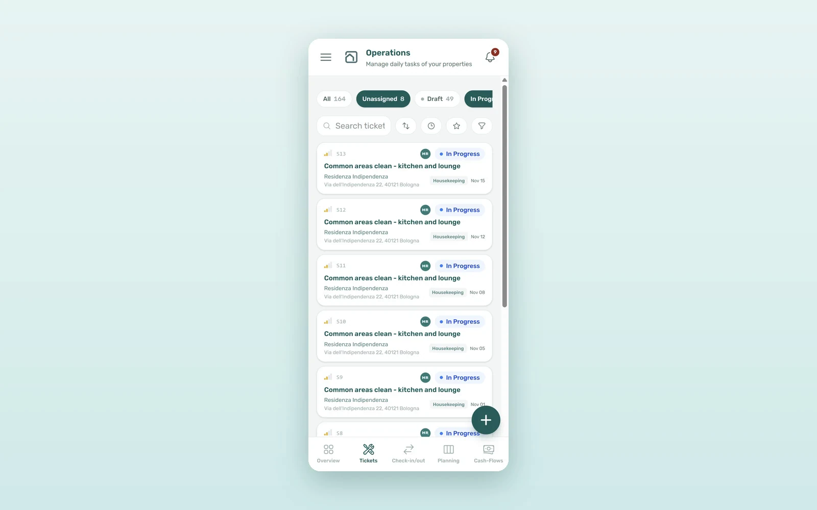 VIVIN property management app on a phone: Operations Tickets shown as cards with the New ticket button