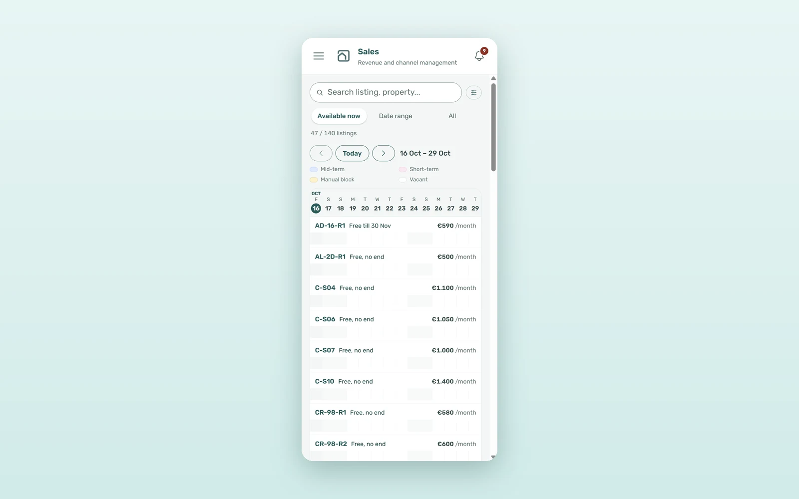 Rental availability calendar on a phone, opening on Available now with each unit's free-till date and monthly rent
