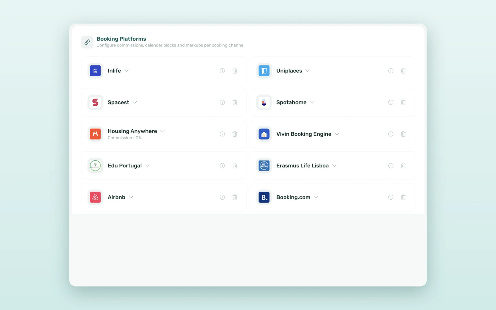 Airbnb and Booking.com channel manager in VIVIN: the Booking Platforms list in Settings > Integrations