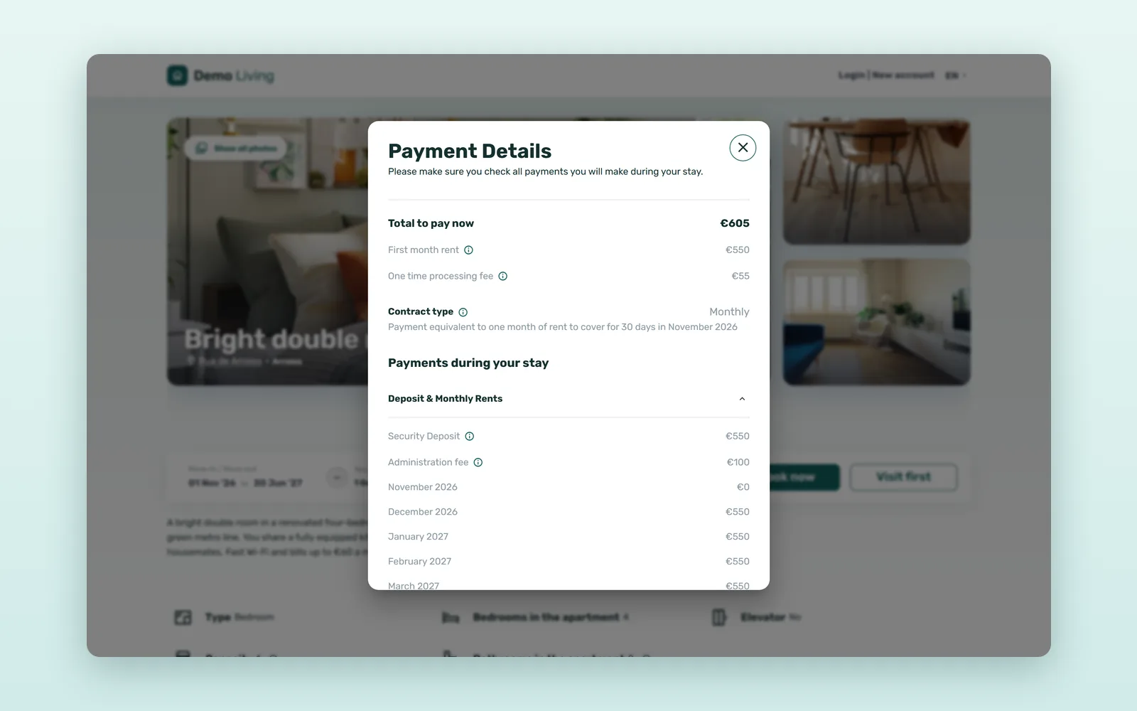 Online booking payment for rentals: the booking card on a room page with the Total to book and the payment details breakdown
