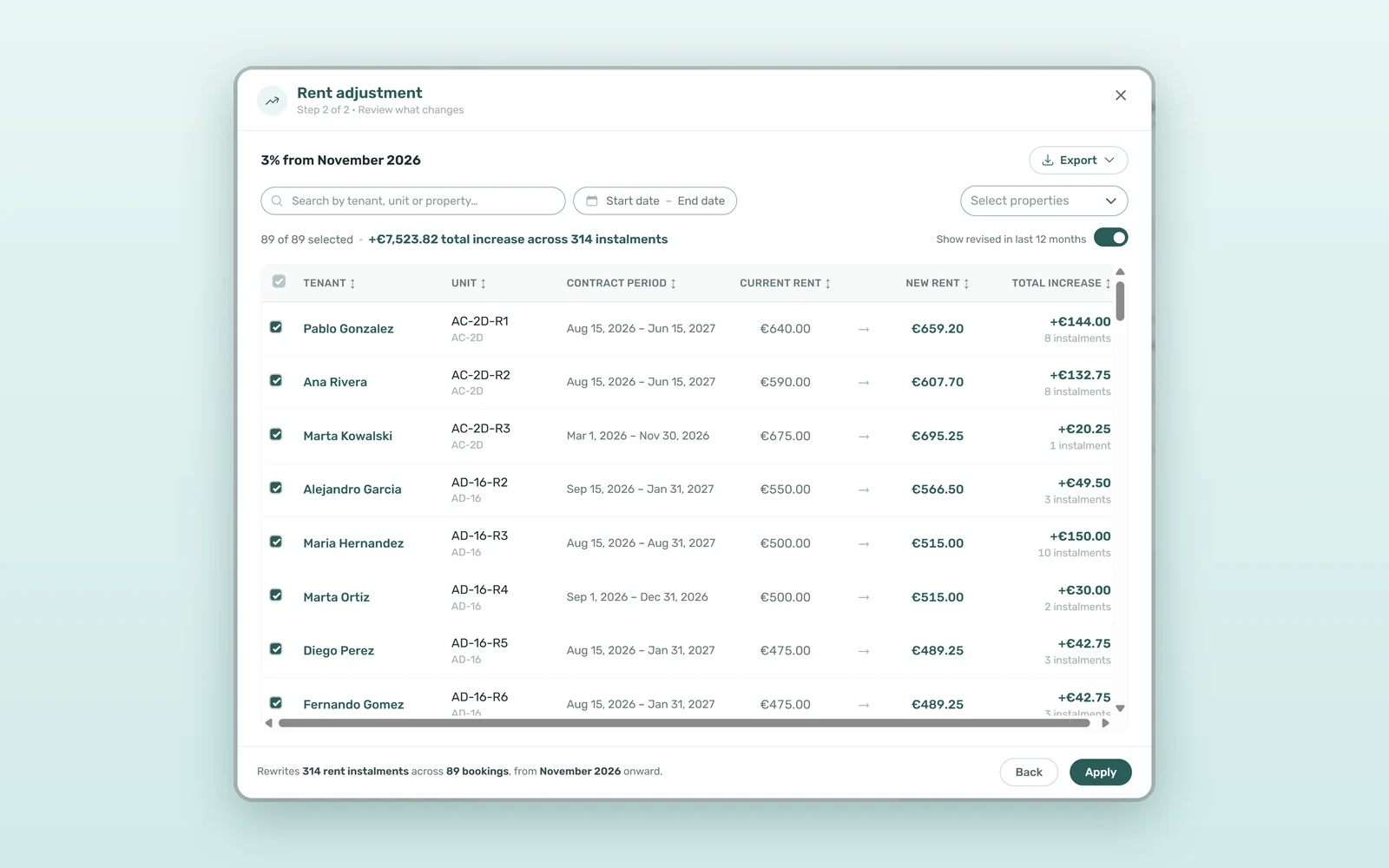 Annual rent increase preview in VIVIN Rent adjustment, listing bookings with current rent, new rent and total increase