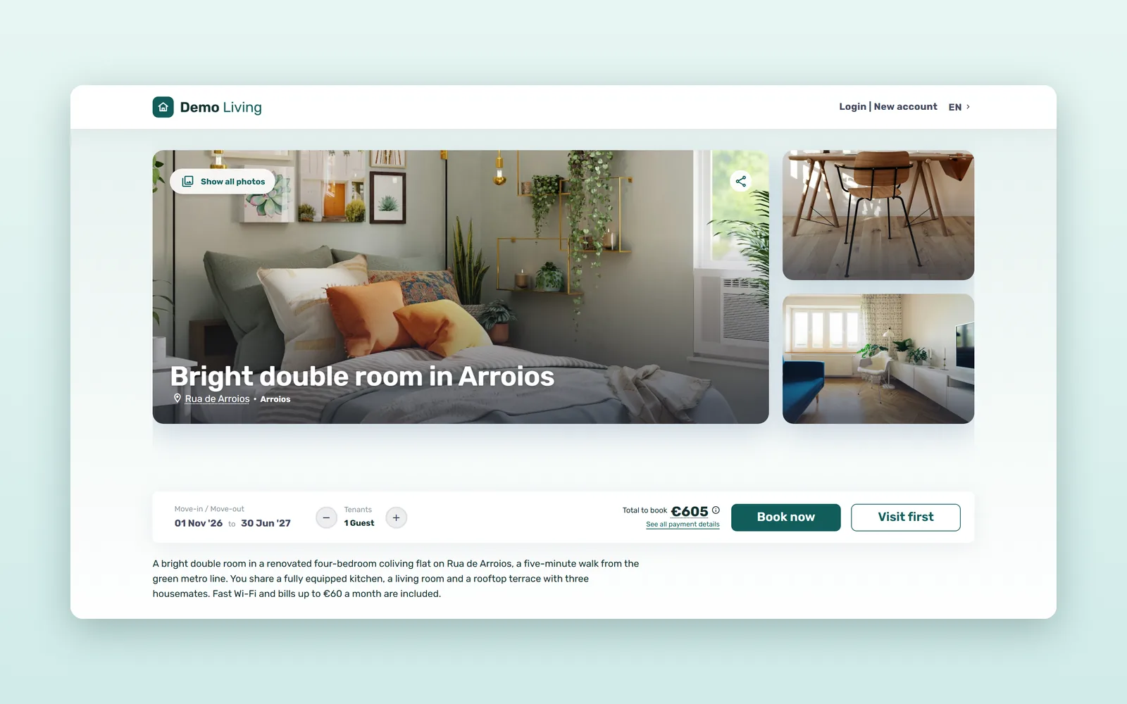 Room listing page on a booking website: photo gallery, room title and the booking card with dates and total to book