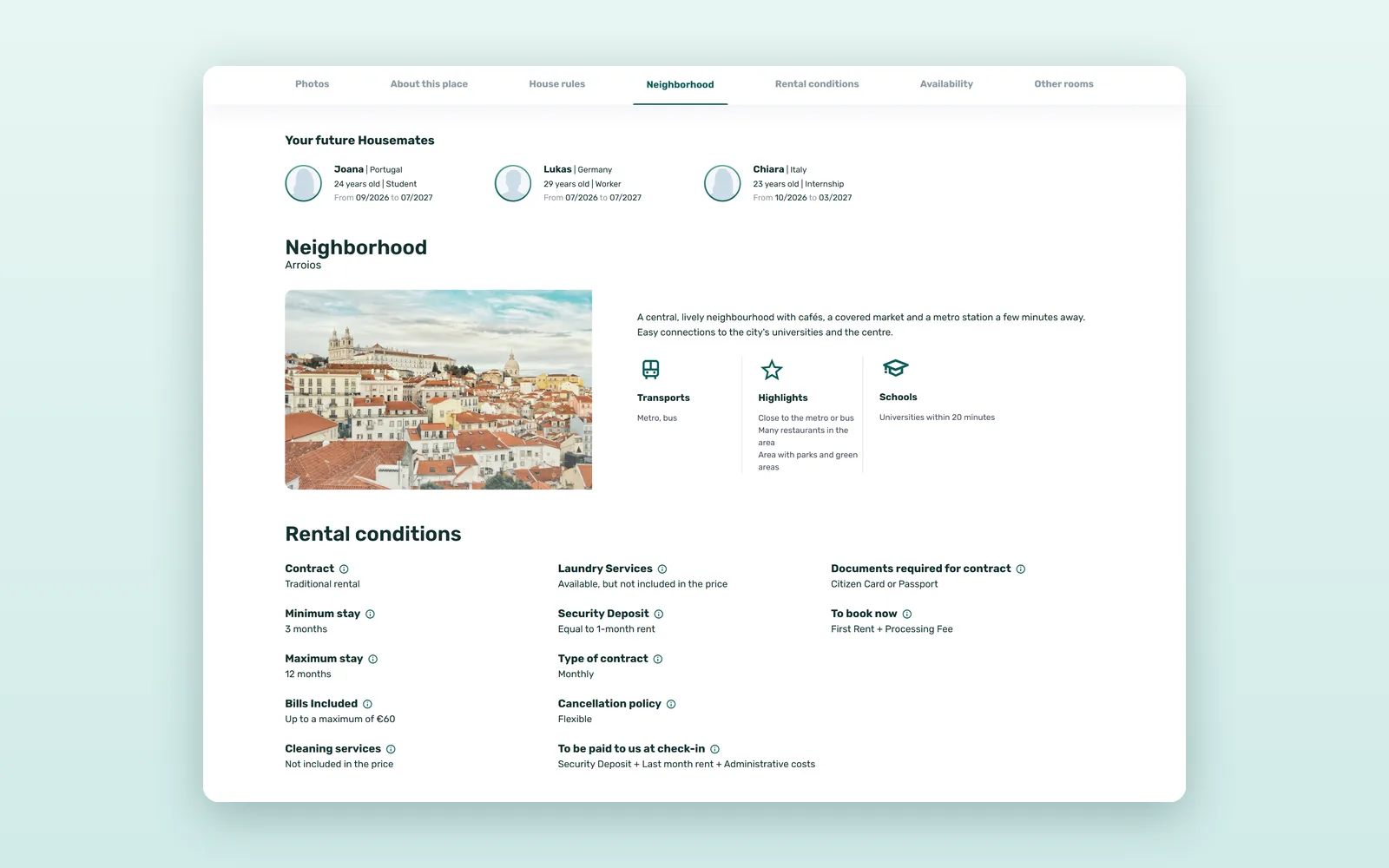 Rental conditions on a room listing page: minimum stay, security deposit, cancellation policy and documents required, with the housemates section