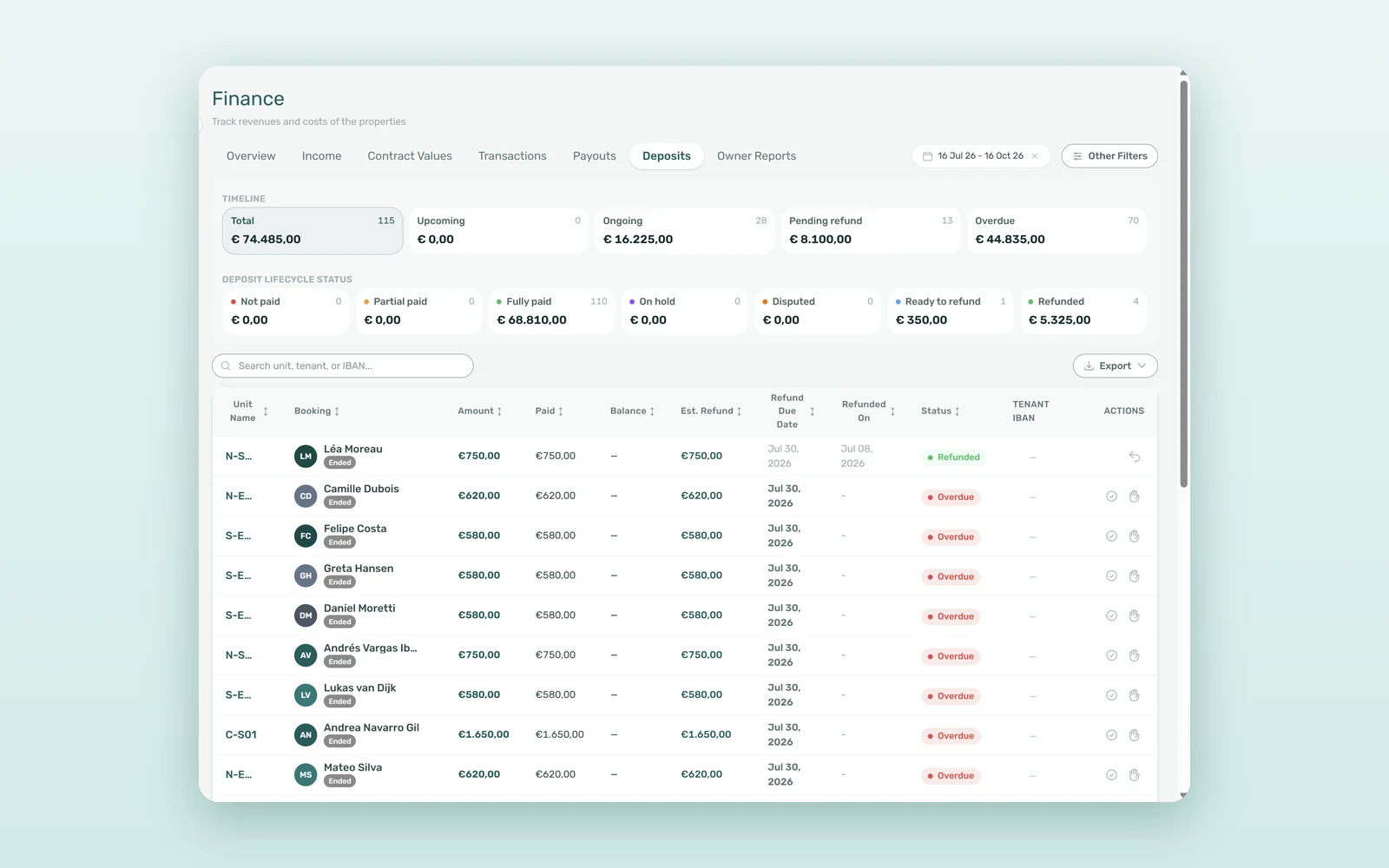 Security deposit management in Finance Deposits: Timeline cards, Deposit lifecycle status cards and the list with estimated refund and refund due date