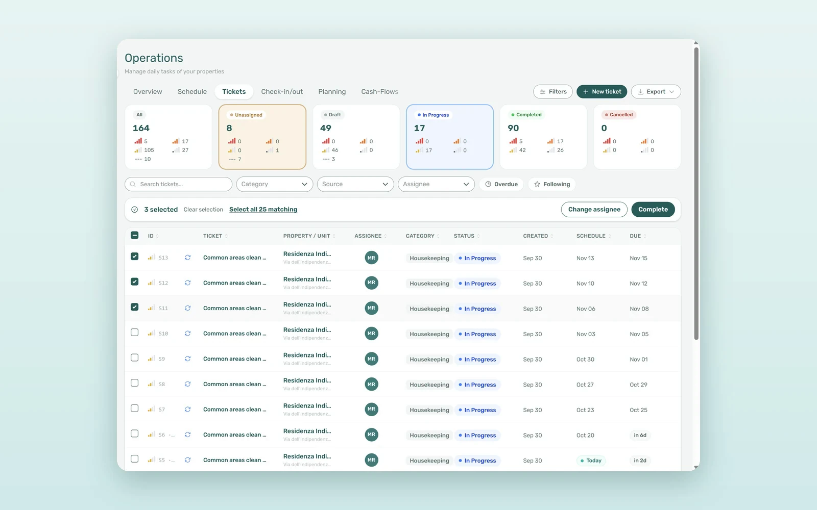 Bulk actions in VIVIN property maintenance software: several tickets selected with Change assignee and Complete