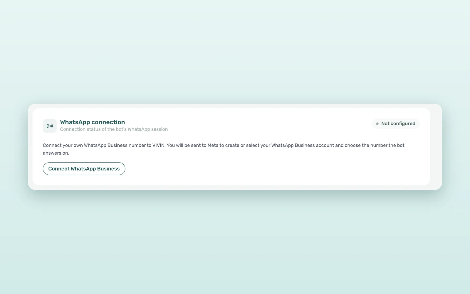 WhatsApp Business API in VIVIN: the WhatsApp connection card with the Connect WhatsApp Business button