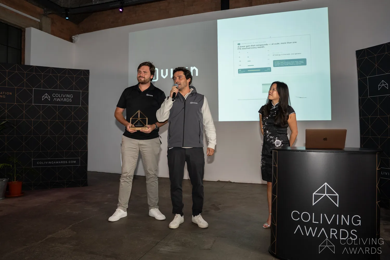 The Vivin team on stage accepting the Technology of the Year award at the Coliving Awards 2026